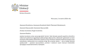 List Minister Edukacji Barbary Nowackiej na rozpoczęcie roku szkolnego 2026/2027 List Minister Edukacji Barbary Nowackiej na rozpoczęcie roku szkolnego 2026/2027